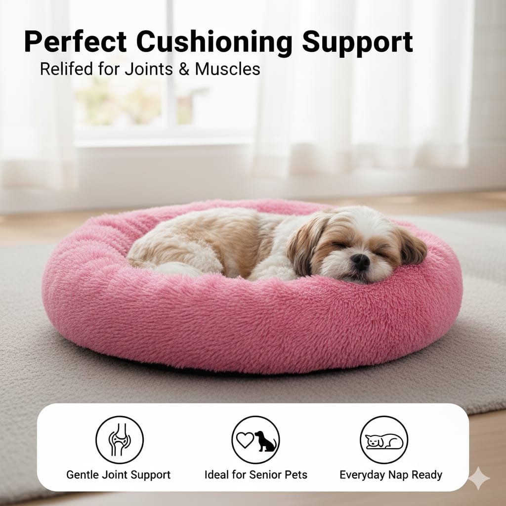 Pink Plush Round Dog Bed (Medium) | Soft & Luxury Pet Cushion | Cozy All-Season Bed for Dogs & Cats