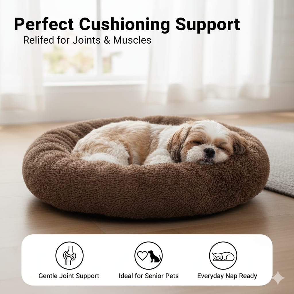 Brown Plush Round Dog Bed (Small) | Soft & Luxury Pet Cushion | Cozy All-Season Bed for Dogs & Cats