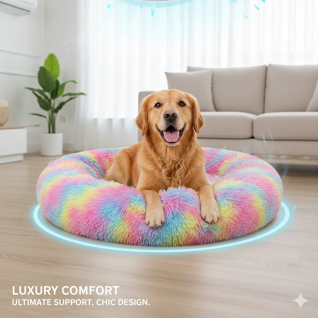 Medium Rainbow Plush Pet Bed – Soft & Cozy