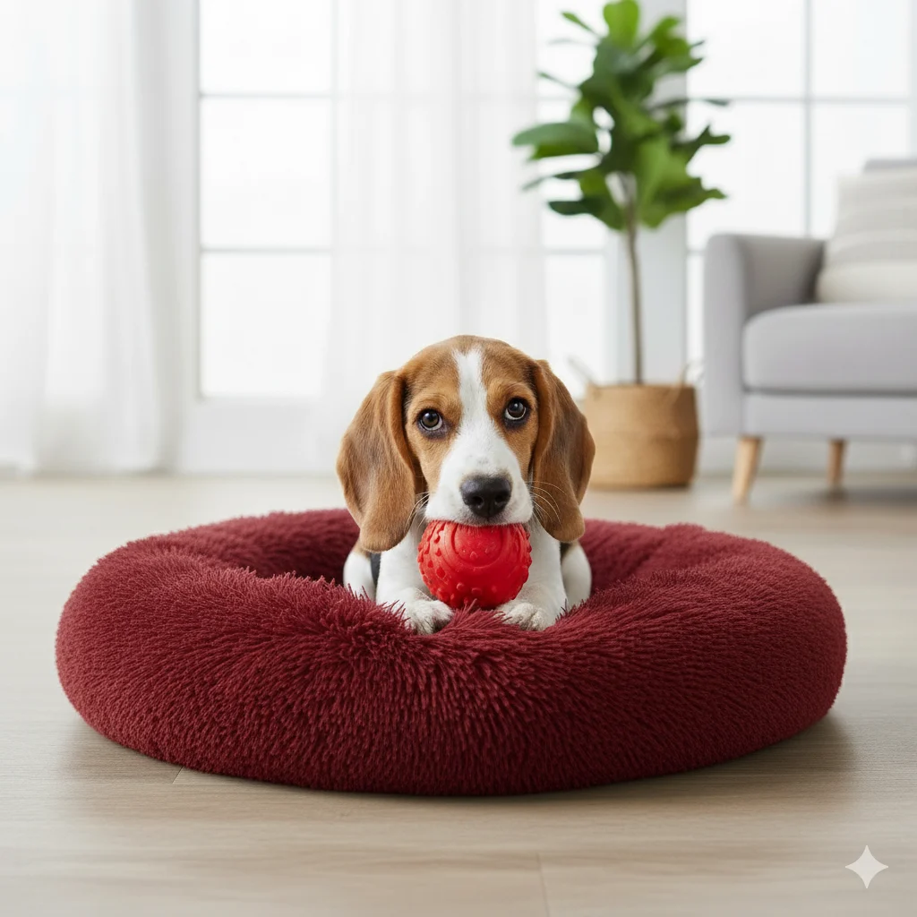 Round Donut Pet Bed for Cats and Puppies Dogs, Cozy and Plush, Raised Bedside Support, Both Sides Use Like 2 in One, Washable, Sizes for Small, Medium, and Large Pets.